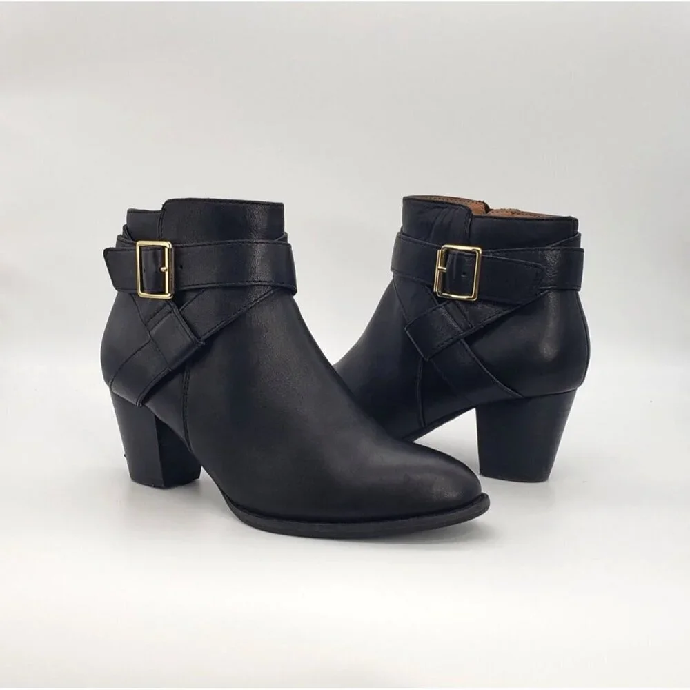 VIONIC Women 7 Black Leather Trinity Arch Support Comfort Ankle Moto Buckle Boot